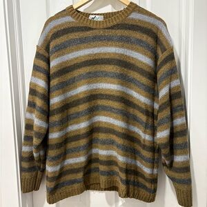 Vintage Men's Brown and Gray Striped Crewneck Sweater Knit Wool Blend